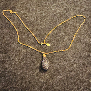 Vintage Joan Rivers Caviar Egg Necklace Black Swarovski Crystal Pavé Pendant 28” Gold Tone Rope Chain Signed Tag