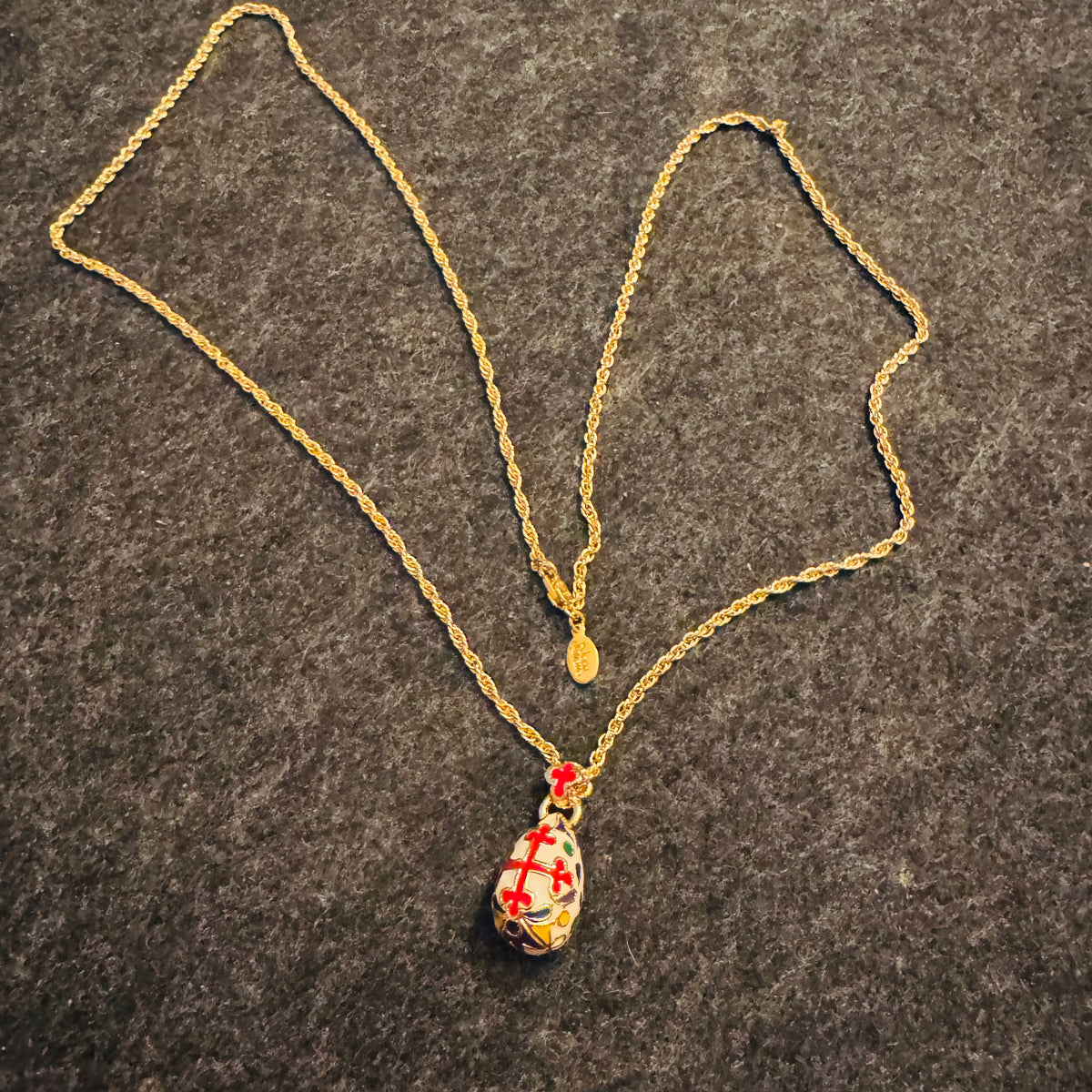 Vintage Joan Rivers Fabergé Style Egg Pendant Necklace | Gold Tone 28” Rope Chain | Multicolor Enamel Maltese Cross | Classics
