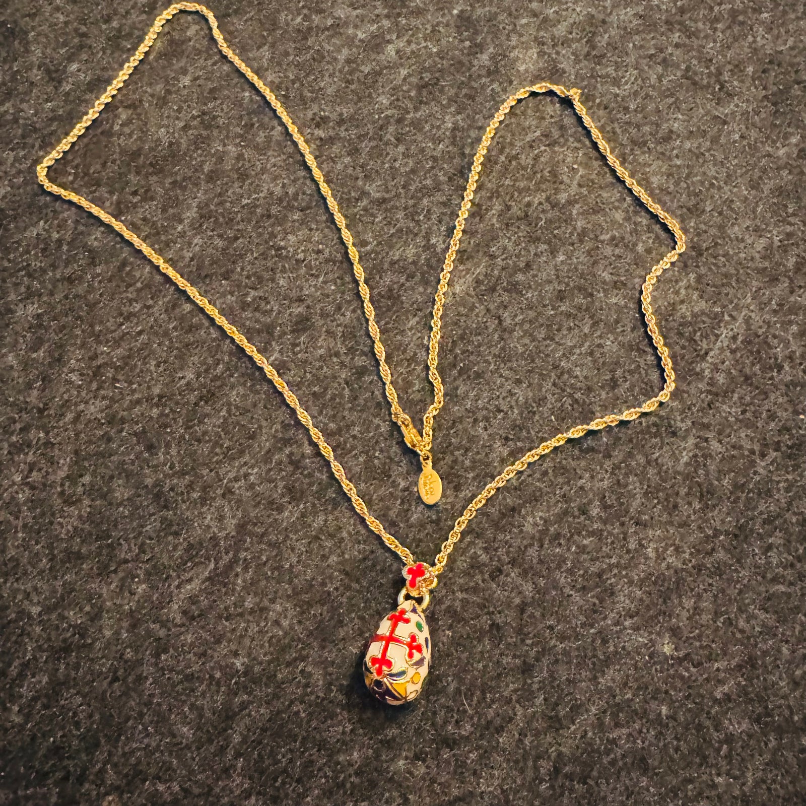 Vintage Joan Rivers Fabergé Style Egg Pendant Necklace | Gold Tone 28” Rope Chain | Multicolor Enamel Maltese Cross | Classics