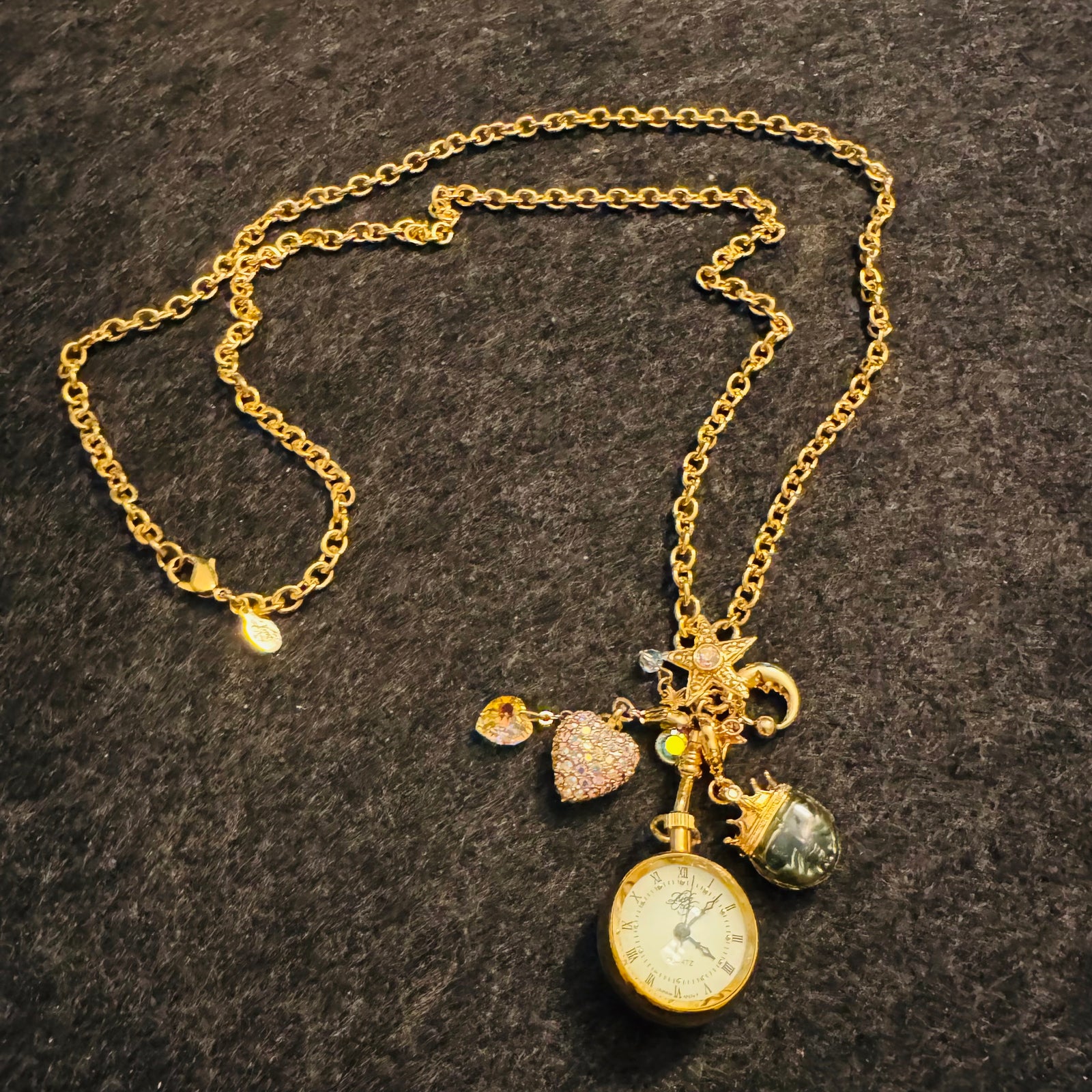 Kirk’s Folly Angel Time Watch Necklace Gold Tone Charm Pendant Celestial Star Moon Cherub AB Crystal Heart Vintage 90s