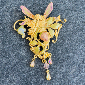 Kirk’s Folly “Strawberry Queen” Fairy Brooch Pendant, Gold Tone Art Nouveau Fairy Pin, Iridescent Enamel Wings, Dangle Crystal Charms