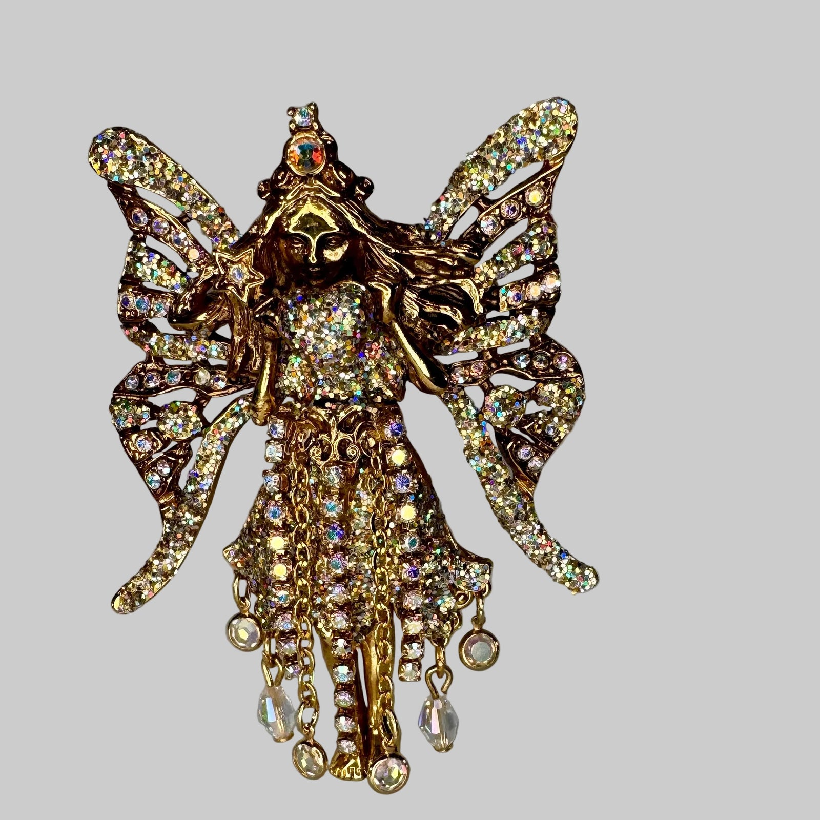 Kirks Folly Crystal Fairy Godmother Brooch Pendant, AB Aurora Borealis Rhinestone Fairy Pin, Gold Tone Dangle Beads