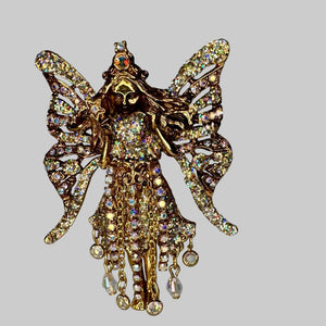 Kirks Folly Crystal Fairy Godmother Brooch Pendant, AB Aurora Borealis Rhinestone Fairy Pin, Gold Tone Dangle Beads