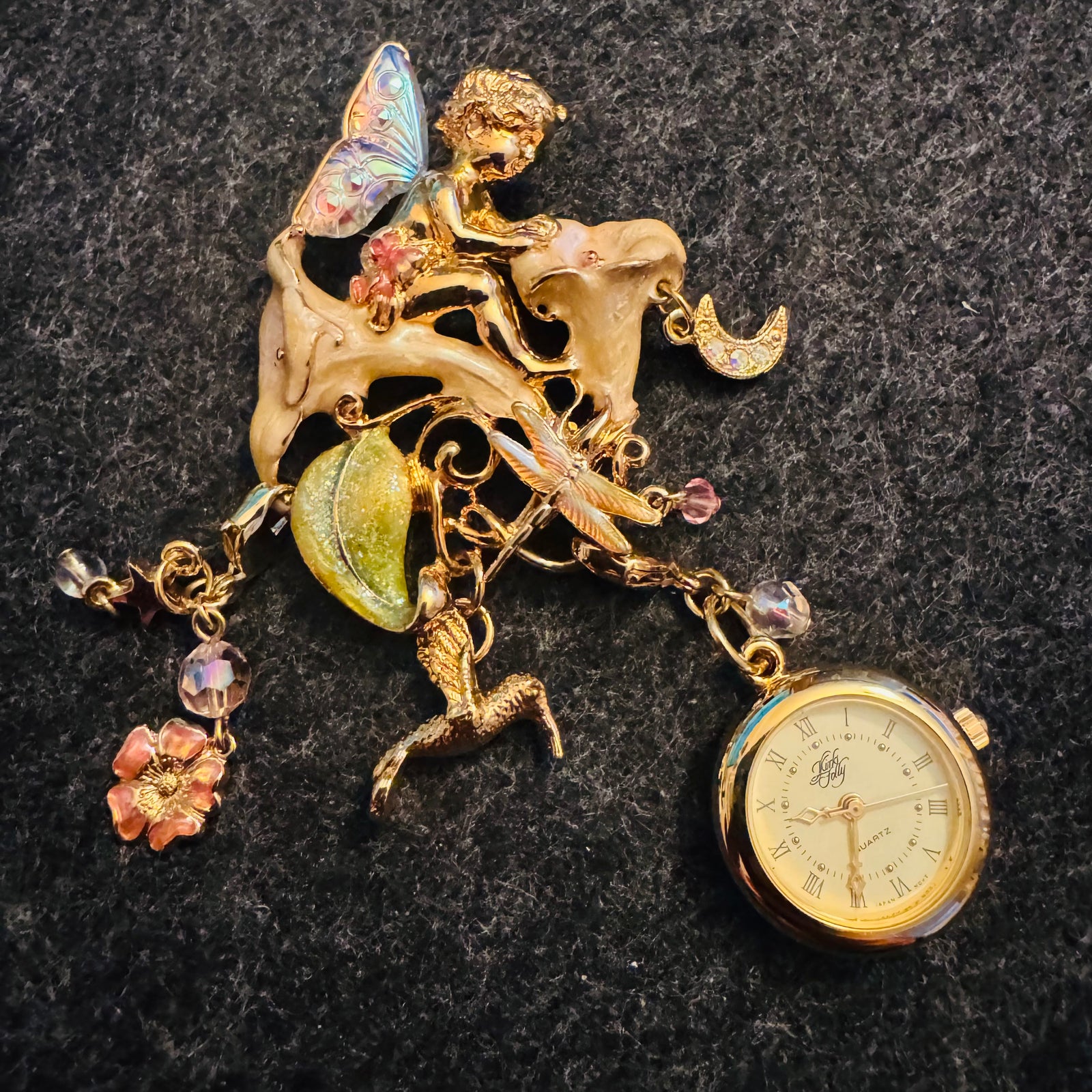 Kirks Folly Moonflower Fairy Convertible Brooch/Pendant with Removable Watch Charm (Gold Tone, Enamel & Crystals)