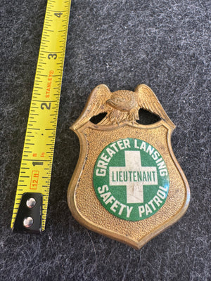 Vintage Greater Lansing Safety Patrol Lieutenant Badge | Lansing Michigan Tin Shield Pin | Green Cross School Safety Patrol