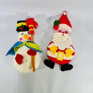 Large handmade felt Santa and snowman ornaments—8.6 inches tall each, layered felt with stitching and stuffing, shown on a light background.