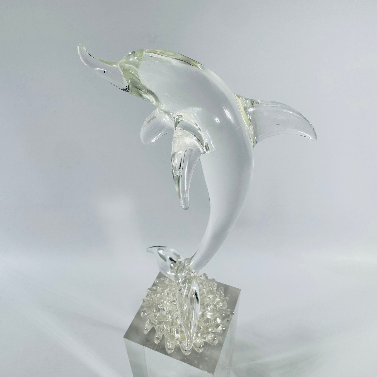 Clear Glass Leaping Dolphin Figurine 1970s Murano Style Art Glass Sculpture