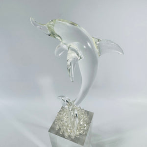 Clear Glass Leaping Dolphin Figurine 1970s Murano Style Art Glass Sculpture