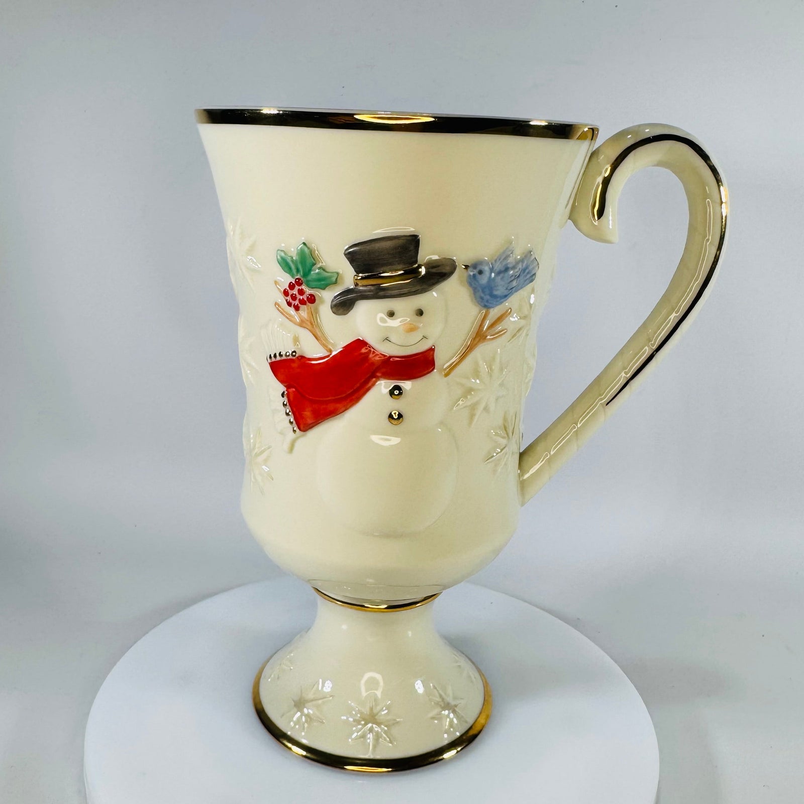 Lenox Very Merry Snowman Mug 16 oz, Gold Trim Porcelain Pedestal Cup, Discontinued Holiday Mug, 6” Tall Christmas Cocoa Mug