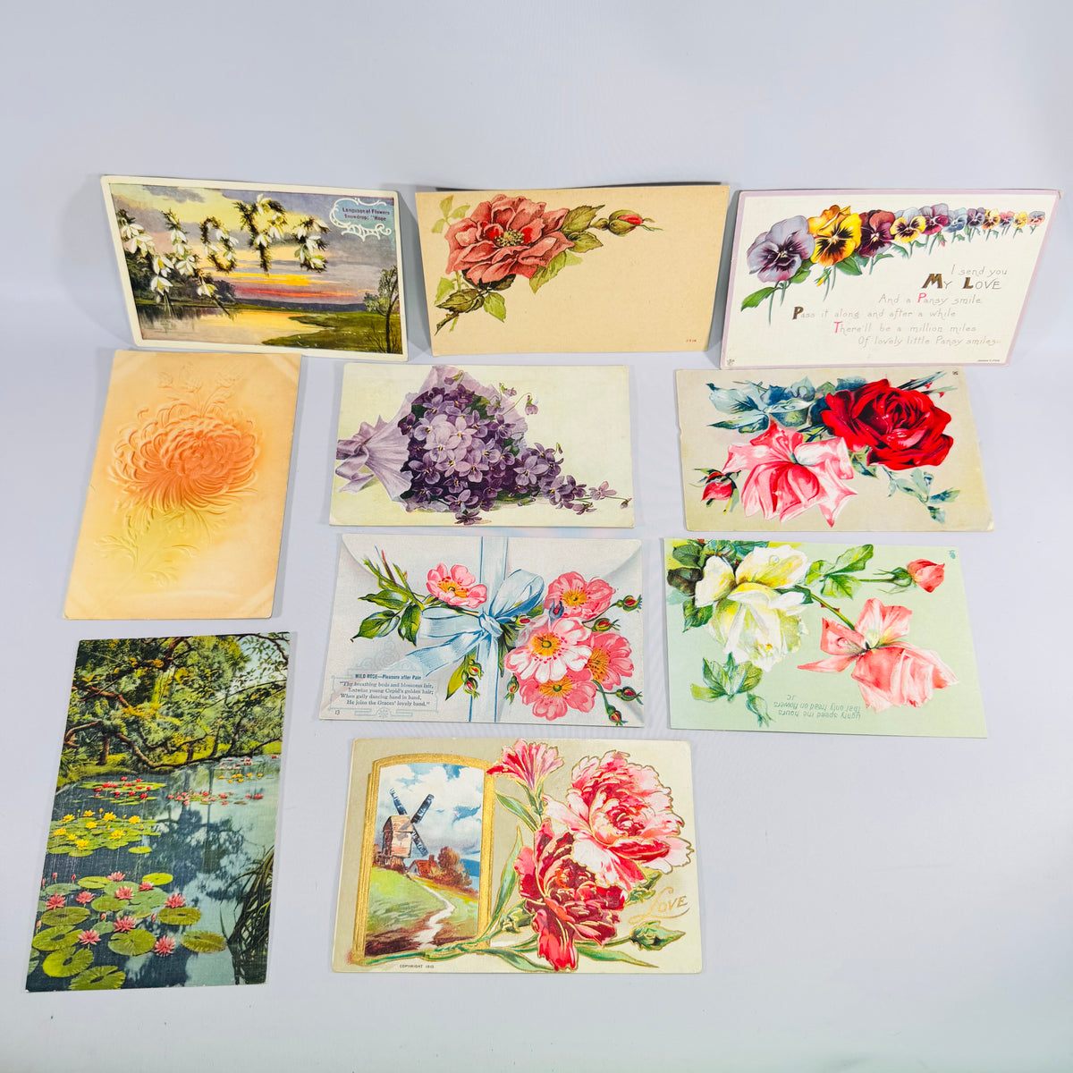 Vintage Floral Postcard Bundle of 10 Embossed Flower &amp; Scenic Greeting Cards with Antique Postmarks
