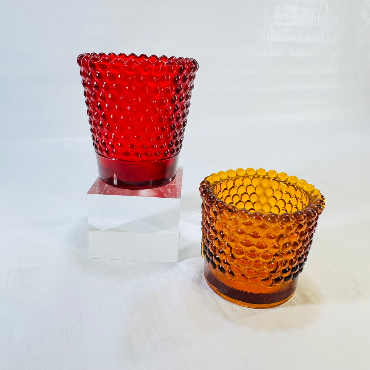 Indiana Glass Ruby Red Hobnail Votive and Amber Honeycomb Candle Holder Lot of 2