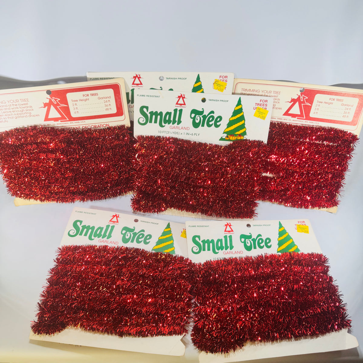National Tinsel Small Tree Garland Red 10 Ft Cards 1960s to 1970s Lot of 6