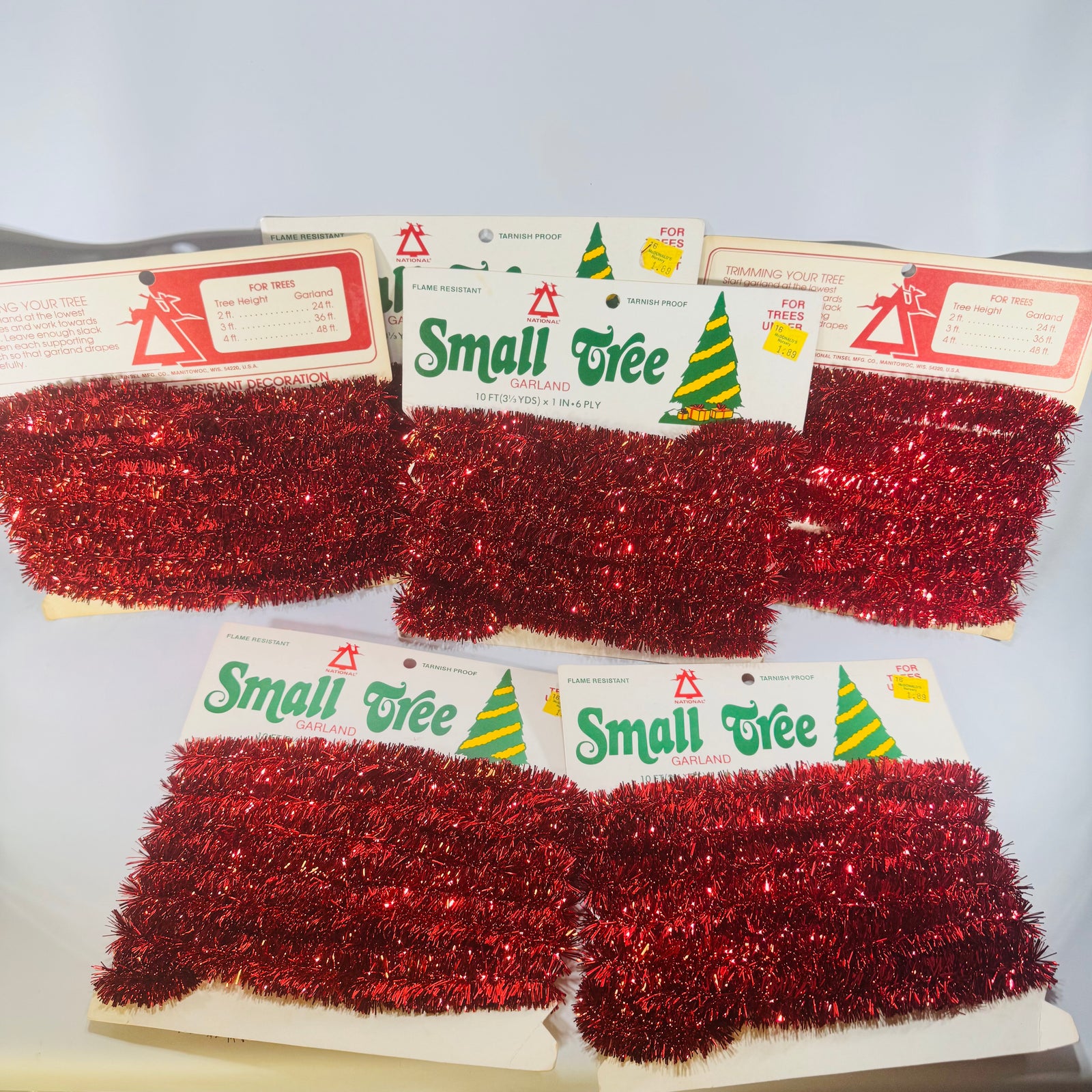 National Tinsel Small Tree Garland Red 10 Ft Cards 1960s to 1970s Lot of 6