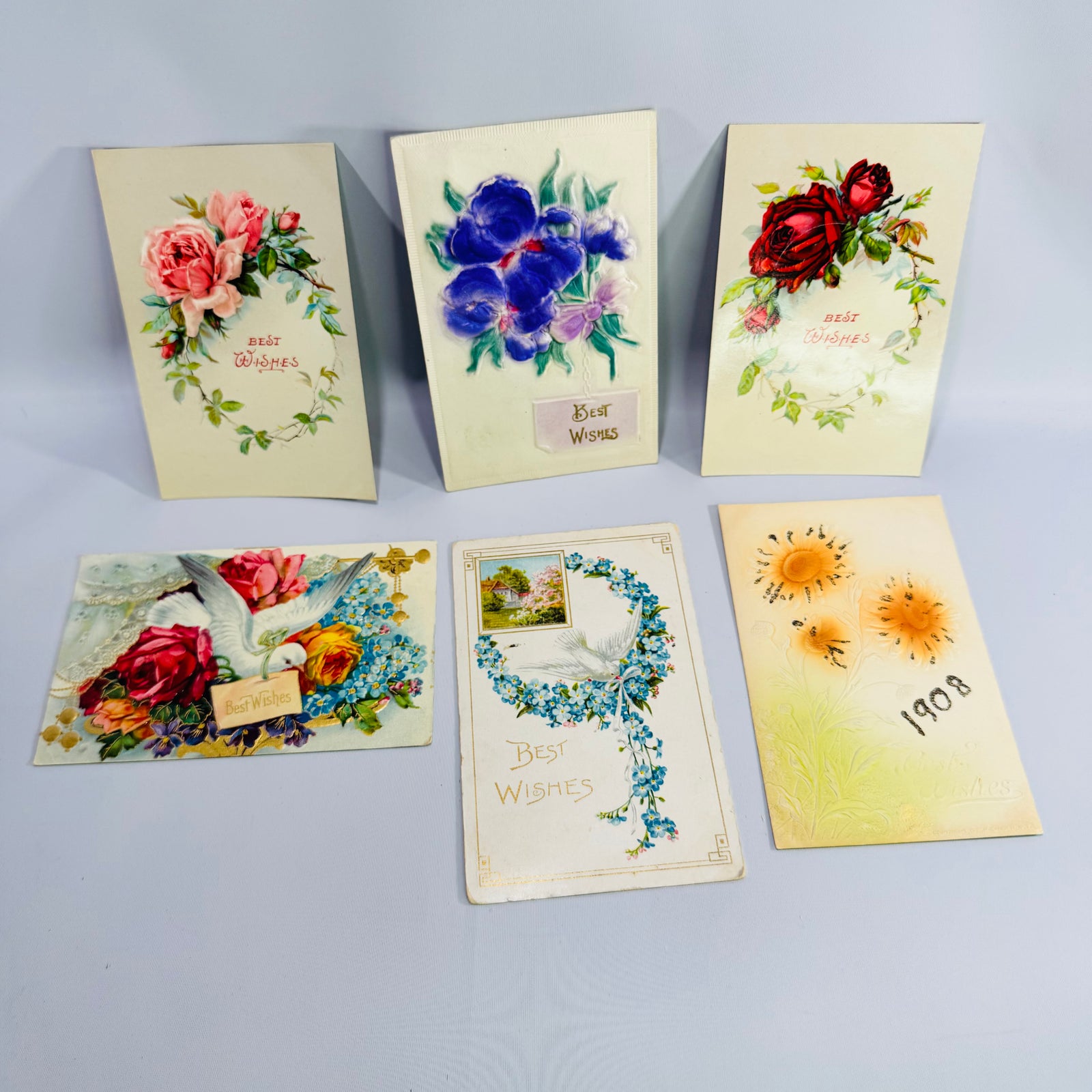 Antique Embossed Best Wishes Postcards Lot of 6 Floral Greeting Cards Germany Edwardian 1908–1914 Bundle