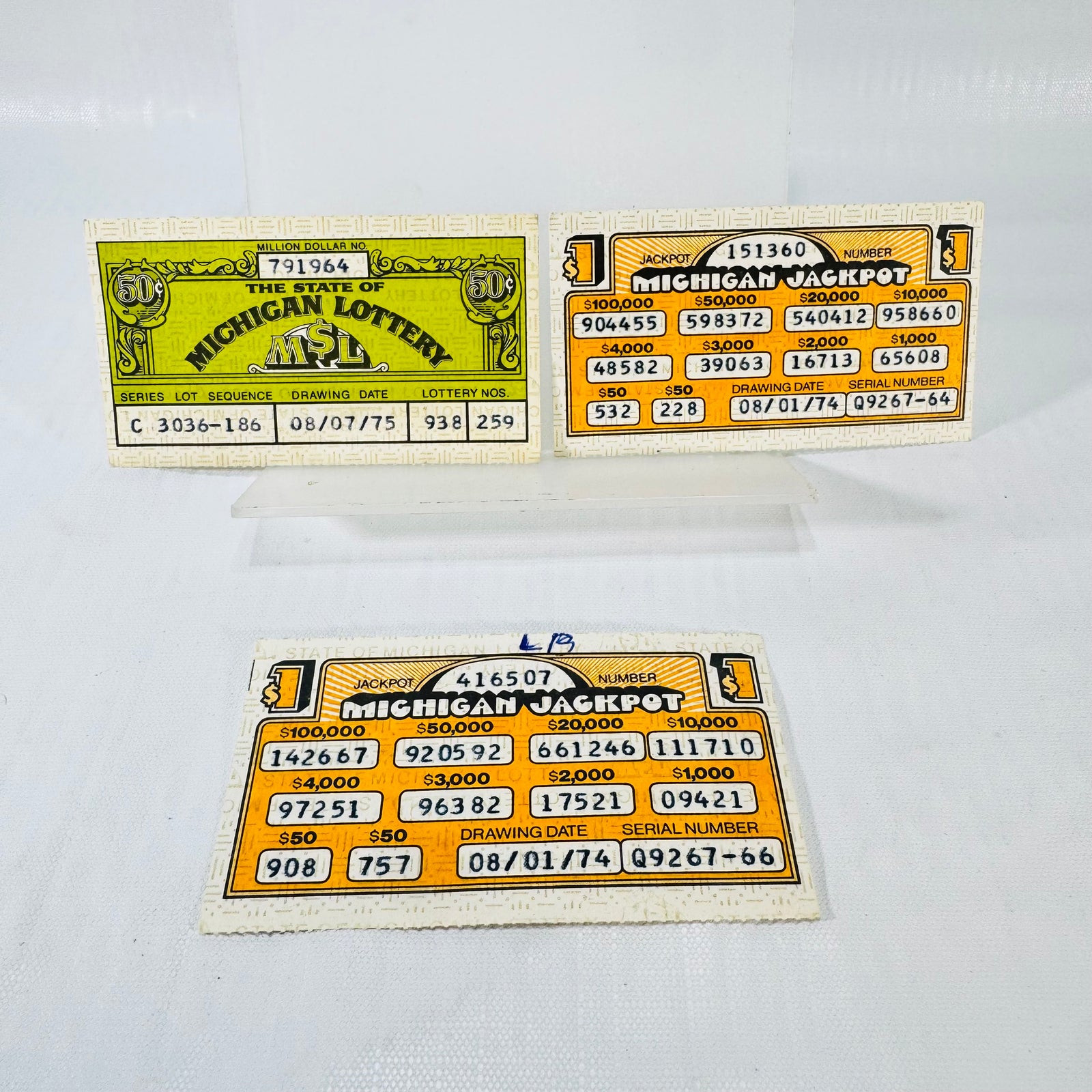 Michigan Lottery Tickets 1974 1975 Lot of 3 Jackpot MSL