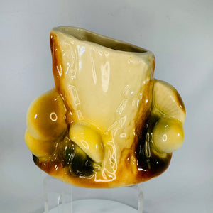 MCM Tree Stump Planter w Mushrooms | Vintage Ceramic Vase 5” Wide | Brown Yellow Drip Glaze Boho Decor | Shawnee Style
