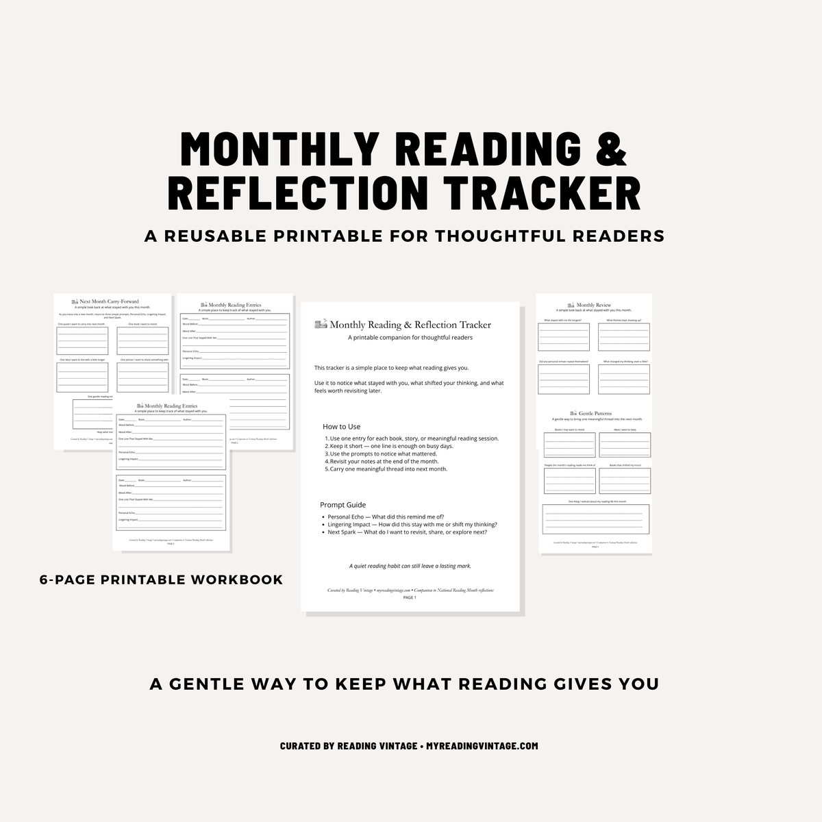 Monthly Reading &amp; Reflection Tracker Printable | 6-Page Reading Journal PDF
