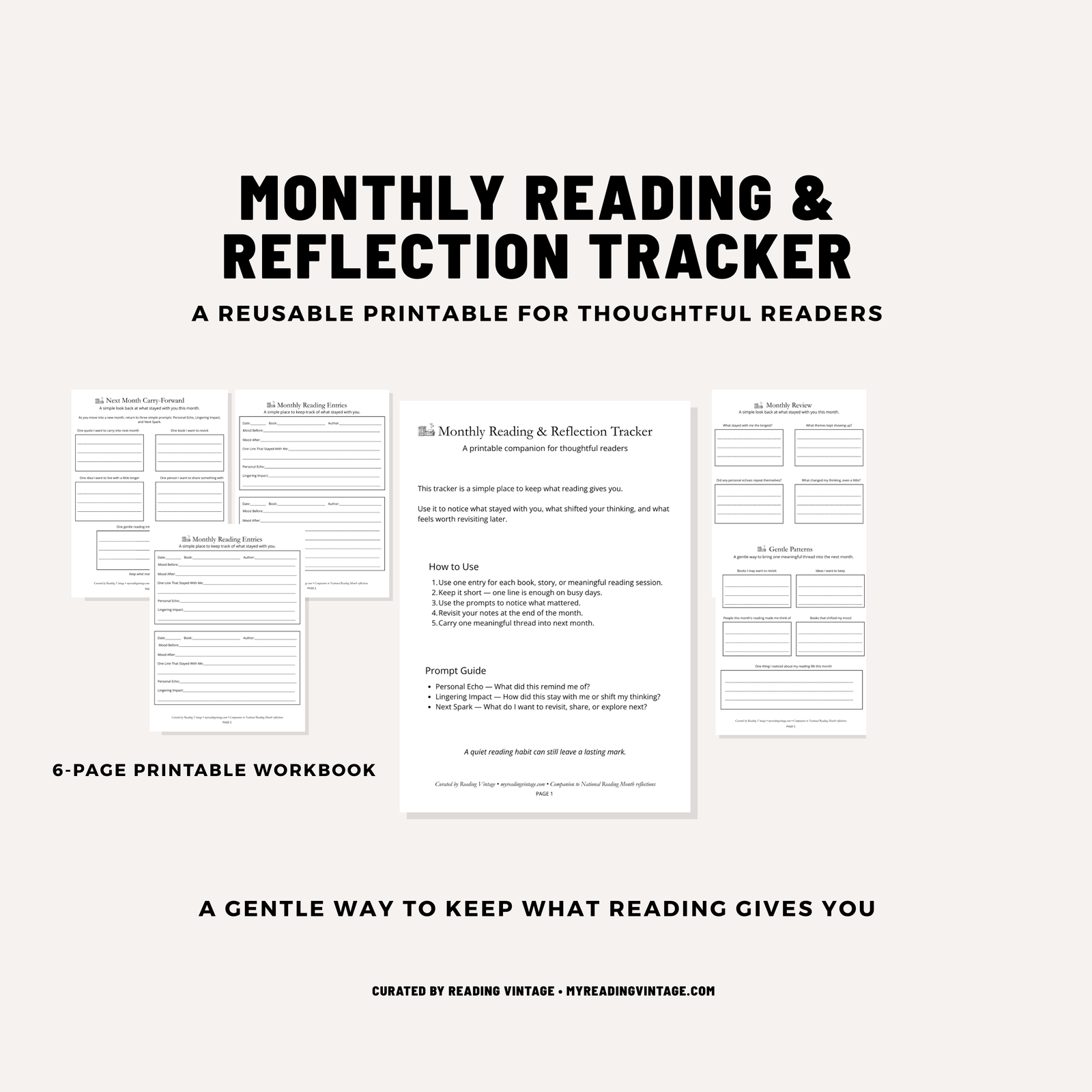 Monthly Reading & Reflection Tracker Printable | 6-Page Reading Journal PDF