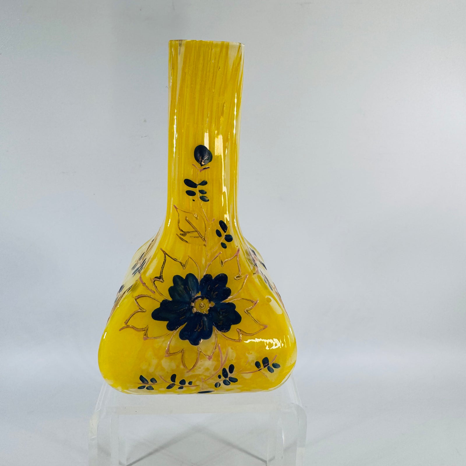 Antique Bohemian Glass Vase, Yellow Spatter Glass, Hand Painted Enamel Floral Vase, Franz Welz Attributed
