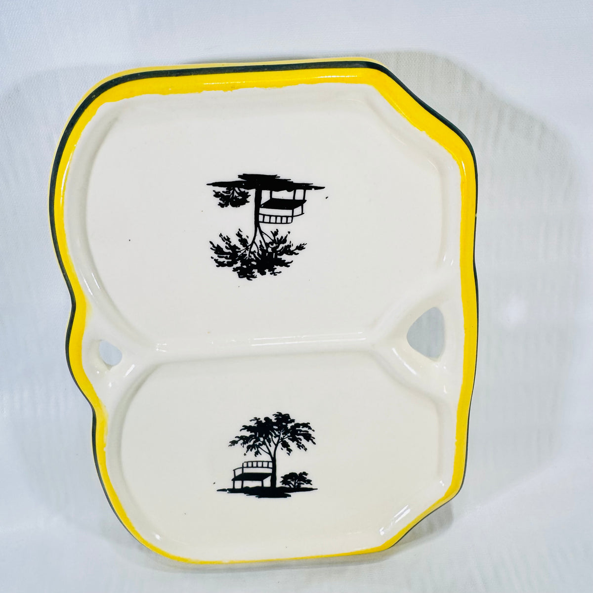 Maple Ware Japan Divided Condiment Dish Yellow Black Scenic Ceramic