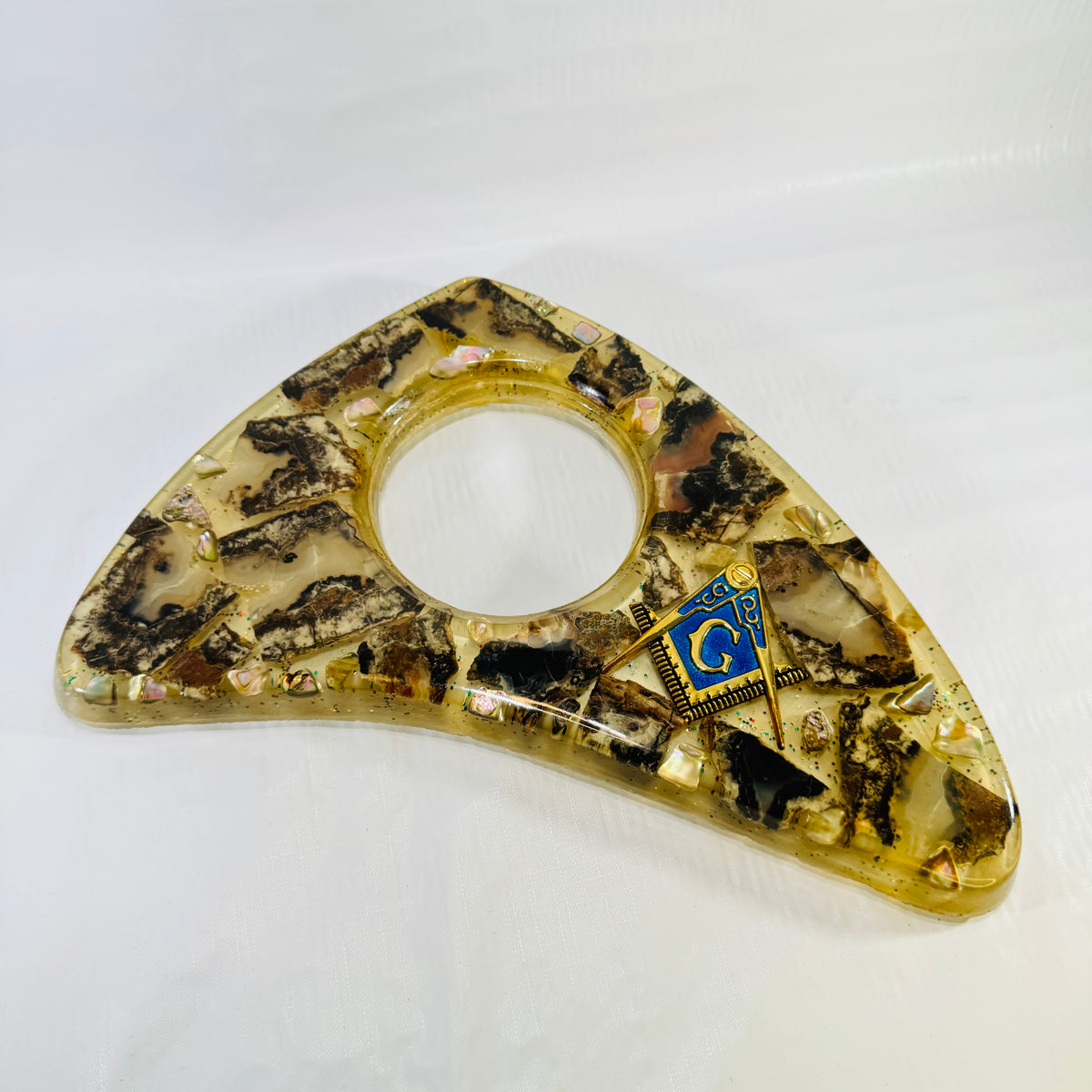 Masonic Boomerang Ashtray 1960s to 1970s Resin Abalone Shell Inlay
