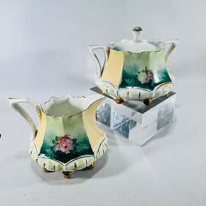 R.S. Prussia Red Mark Footed Creamer and Sugar Set 1890s to 1914 Pink Roses