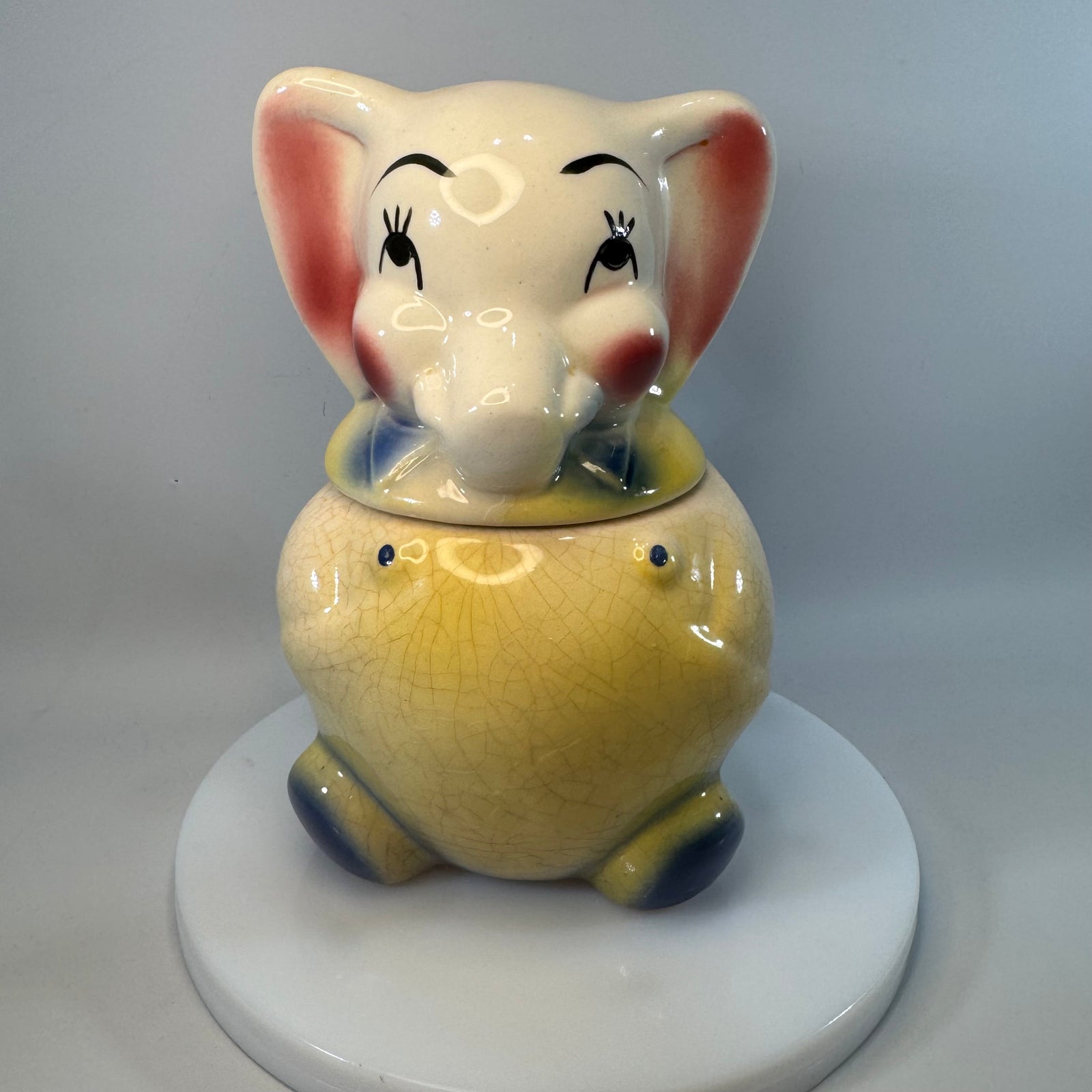 Vintage Elephant Lidded Jar Sugar Bowl Ceramic Elephant Canister Crackle Glaze Mid Century Kitchen Decor Nursery Shelf Decor