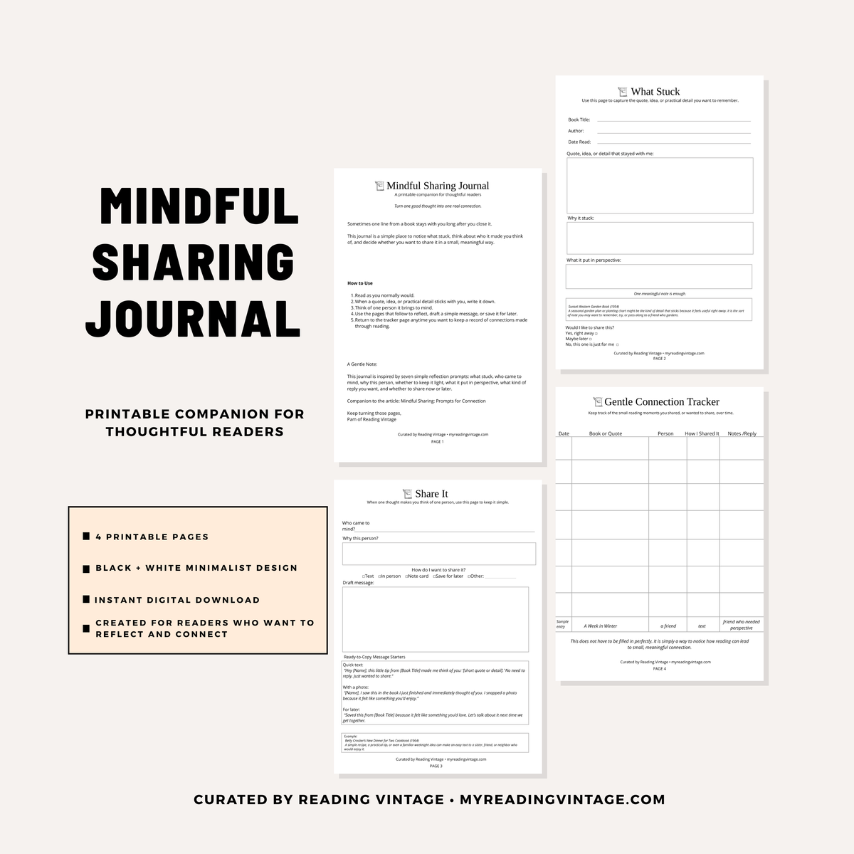 Mindful Sharing Journal Printable | 4-Page Reading Reflection PDF