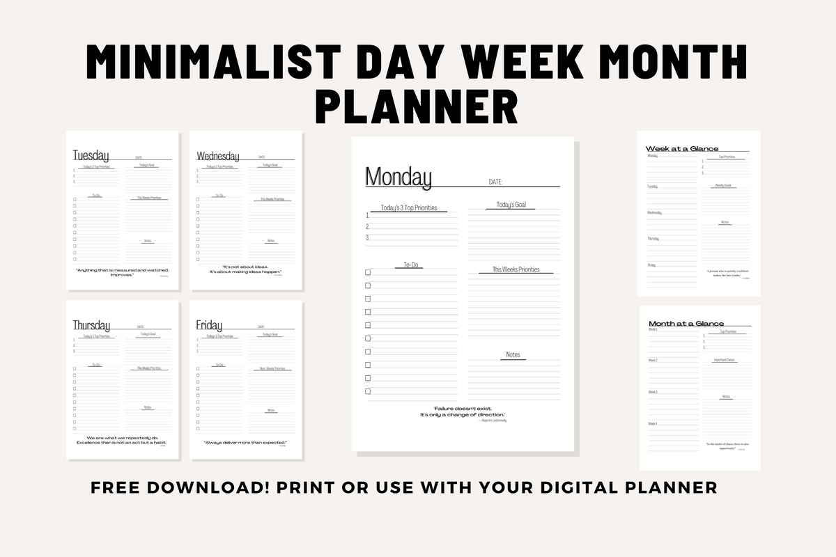 Free Minimalist Day Week Month Planner Organize &amp; Simplify Your Work Life Digital Download PDF Letter Size