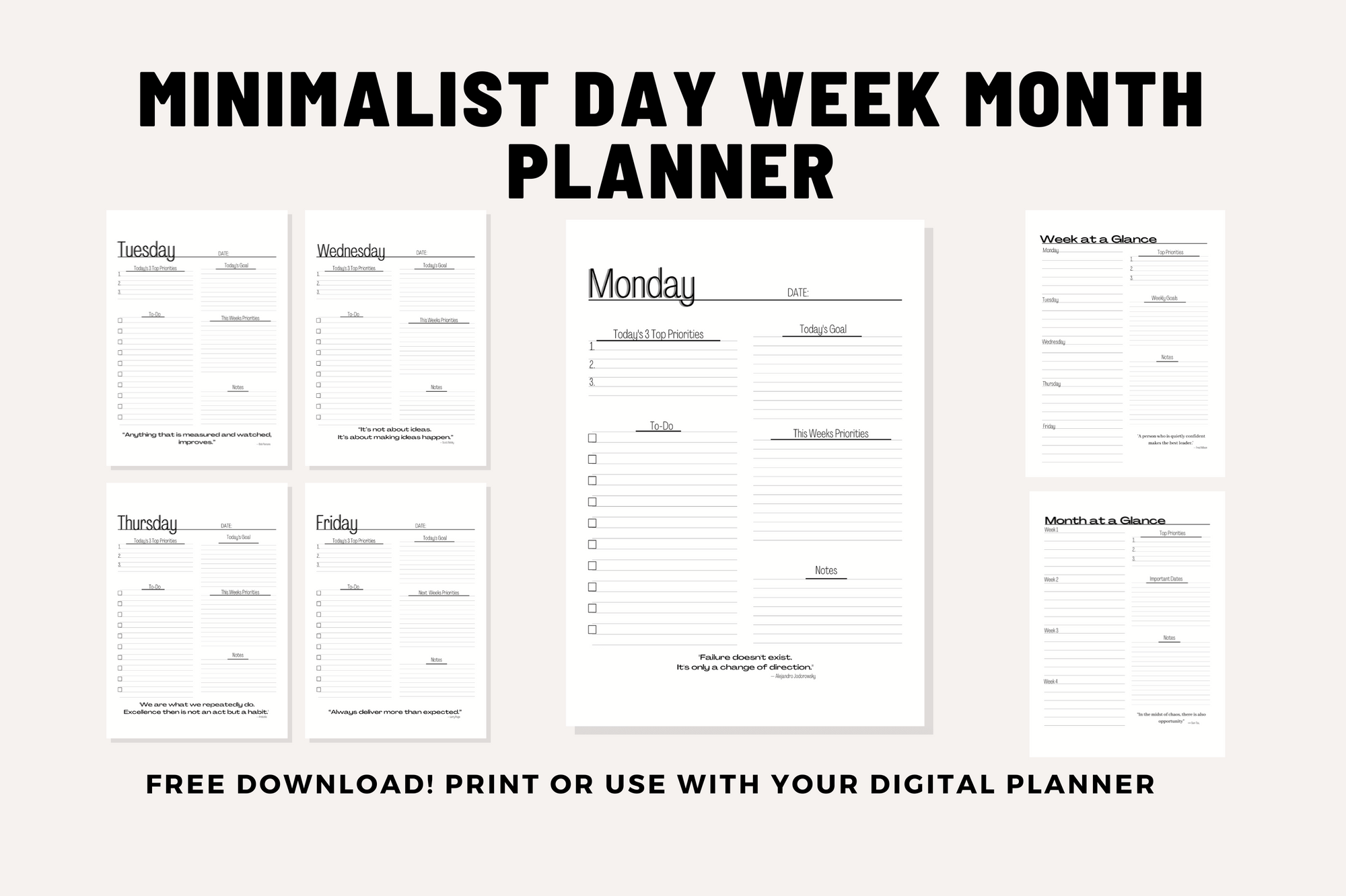 Free Minimalist Day Week Month Planner Organize & Simplify Your Work Life Digital Download PDF Letter Size