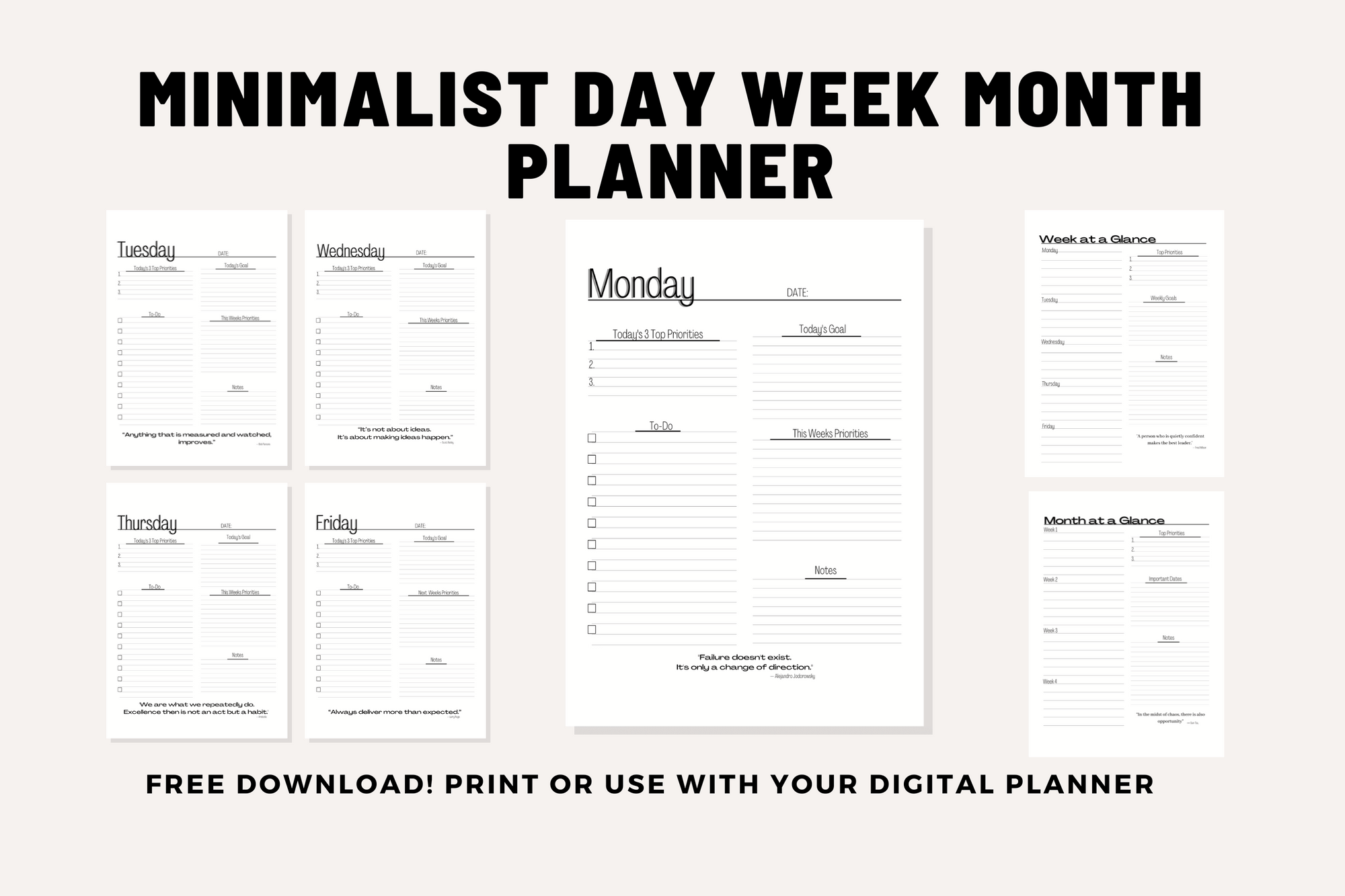 FREE Minimalist Day Week Month Planner Digital Download PDF Letter Size ...