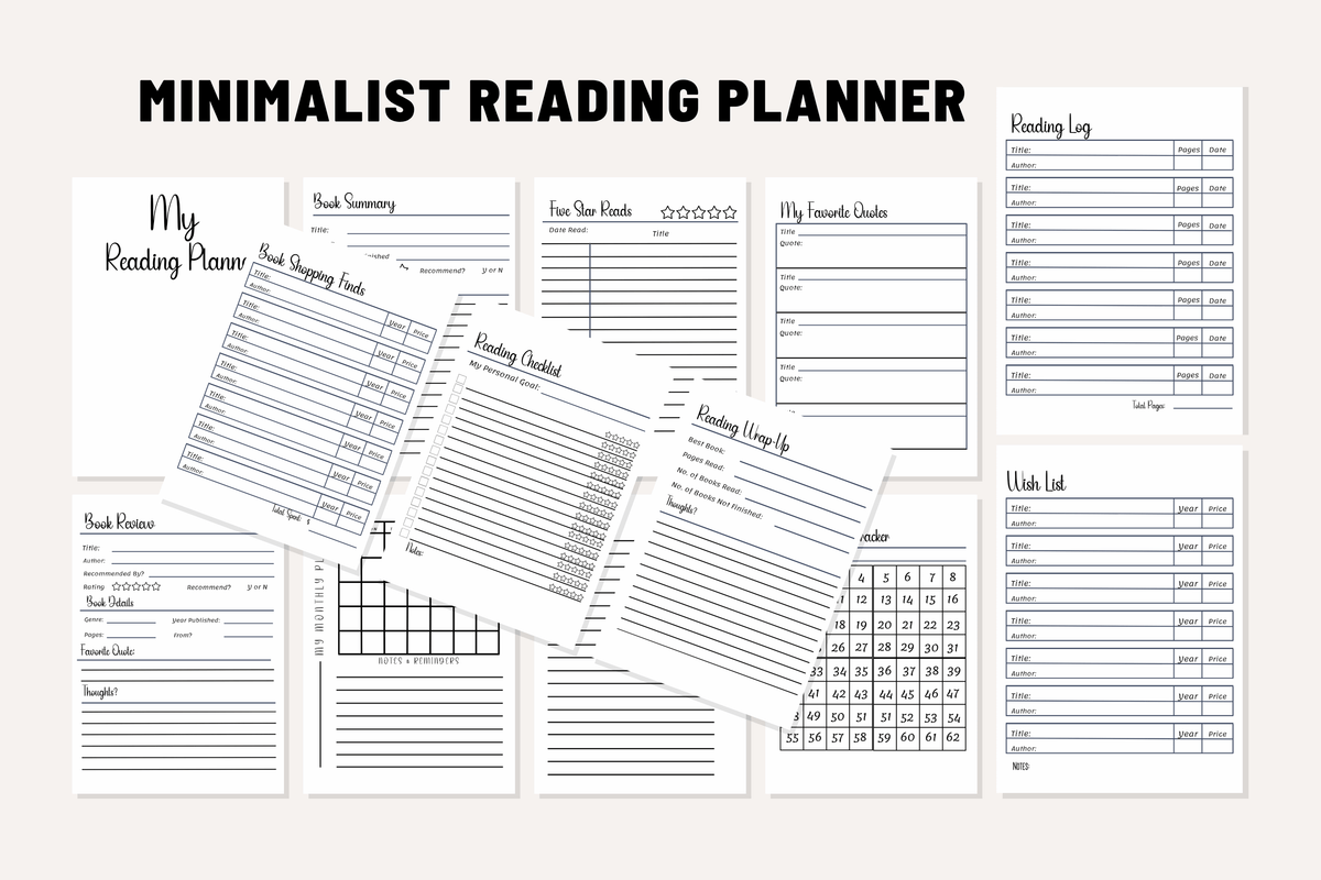 Minimalist Reading Planner Bundle – Letter Size PDF (Printable + Tablet Friendly)  Instant Digital Download | Free Shipping