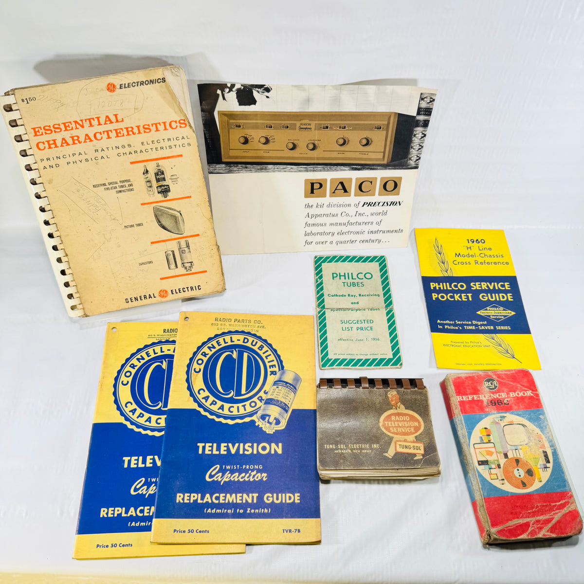 RCA Reference Book 1962 Bundle with Tung-Sol Base Connections, Philco, PACO and Cornell-Dubilier Radio TV Ephemera