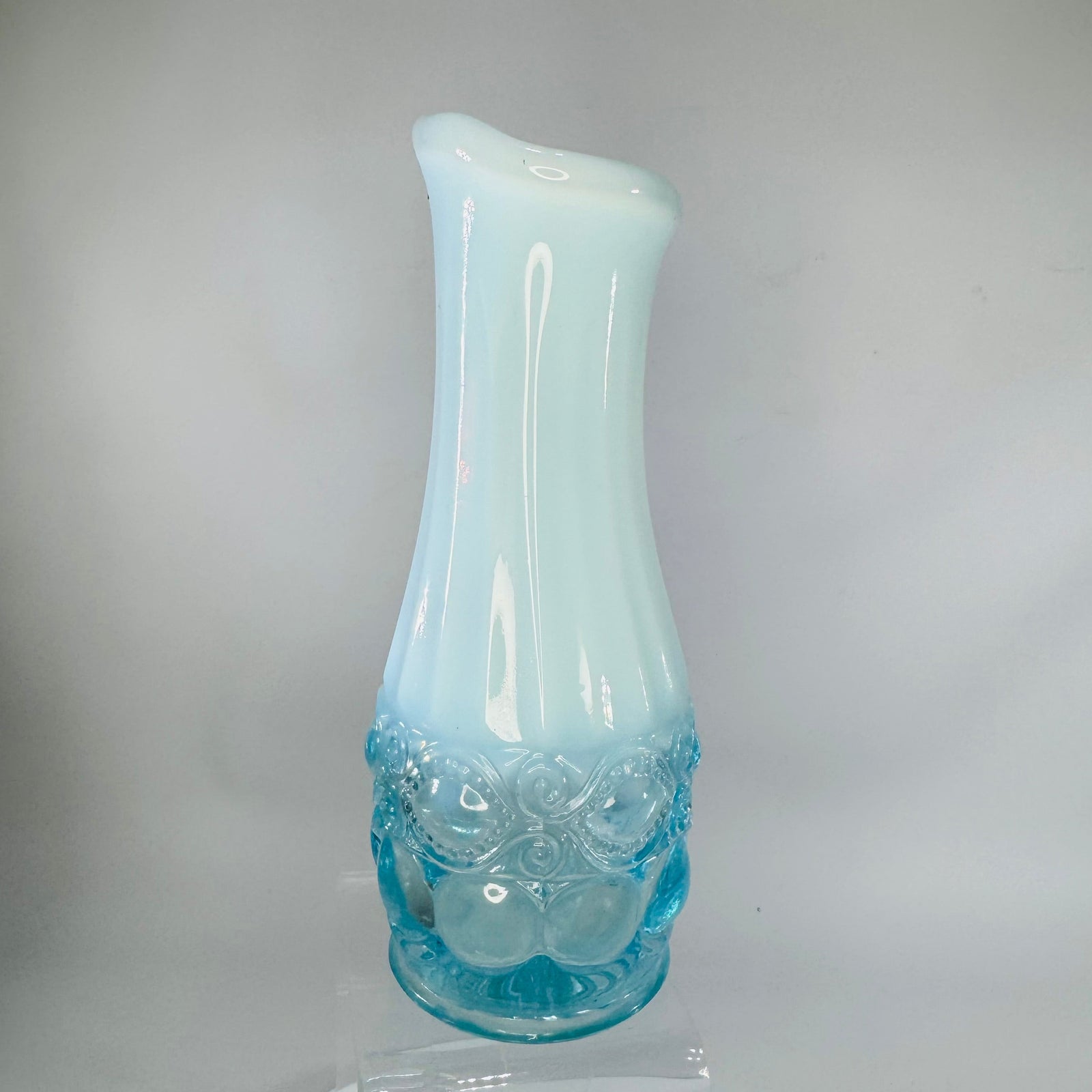 Mosser Glass Eye Winker Vase 6” Blue Opal Opalescent Bud Vase Aqua Teal Pressed Glass Vintage Home Decor