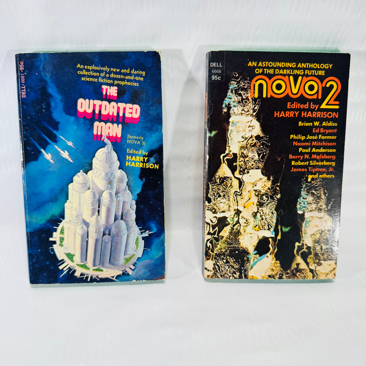 Nova 2 &amp; The Outdated Man edited by Harry Harrison, 1974 1975 Dell Sci Fi Paperback Lot