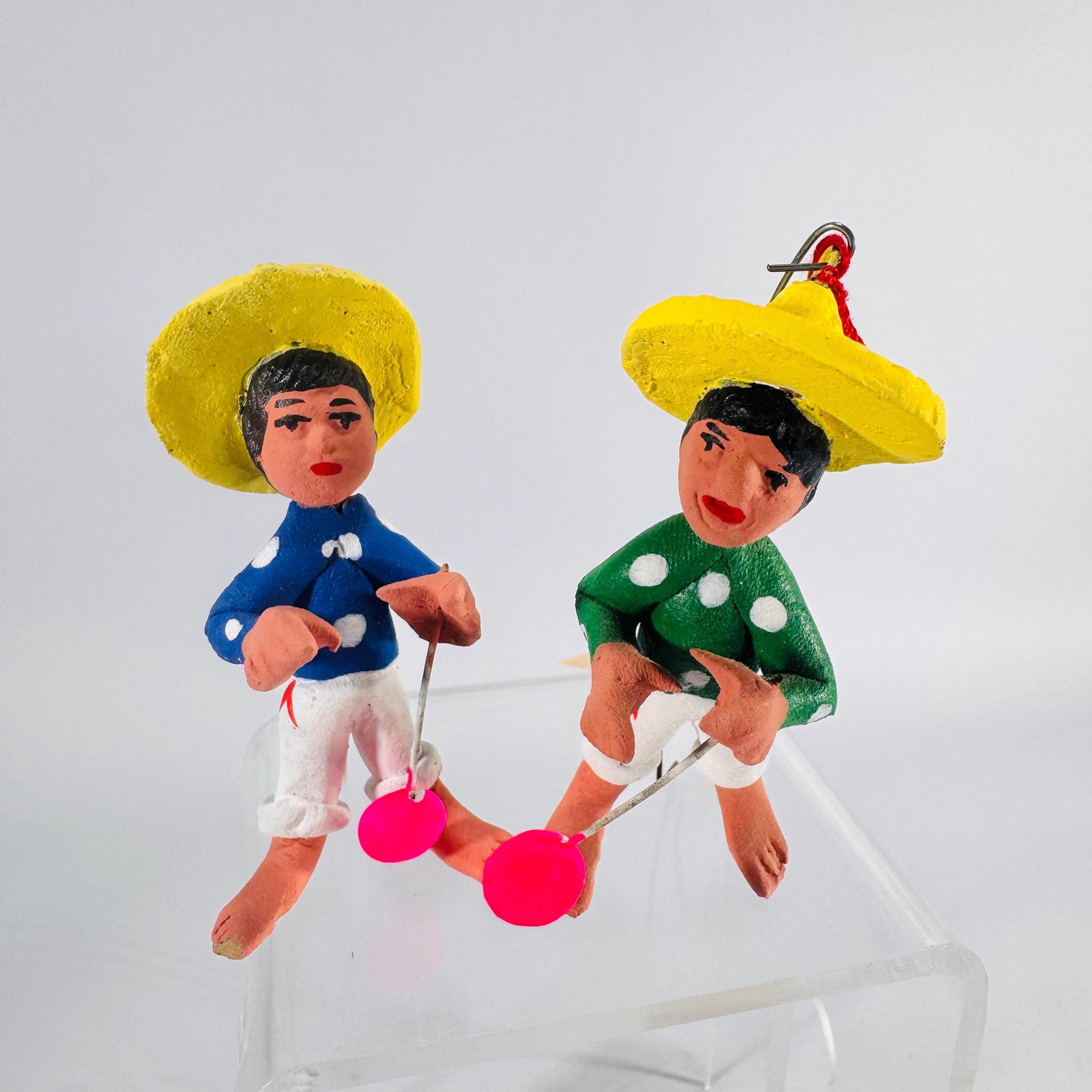 Pair Mexican Folk Art Clay Ornaments | Miniature Hand-Painted Figures, 3 in, Hang or Stand, Estate Sale Find, Cultural Décor