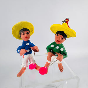 Pair Mexican Folk Art Clay Ornaments | Miniature Hand-Painted Figures, 3 in, Hang or Stand, Estate Sale Find, Cultural Décor