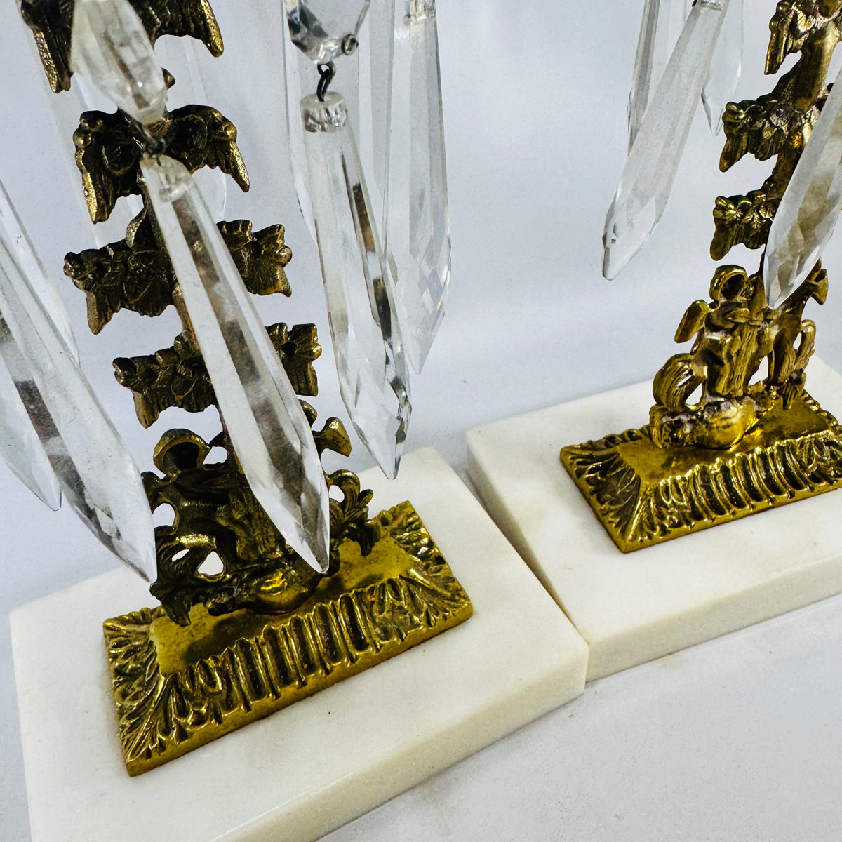 Victorian Girandole Candlesticks Pair with Crystal Prisms and Marble