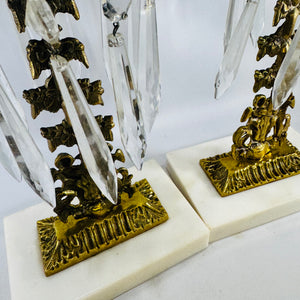 Victorian Girandole Candlesticks Pair with Crystal Prisms and Marble