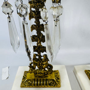 Victorian Girandole Candlesticks Pair with Crystal Prisms and Marble