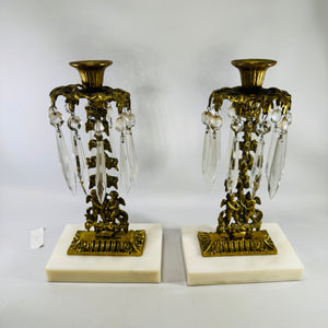 Victorian Girandole Candlesticks Pair with Crystal Prisms and Marble