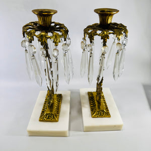 Victorian Girandole Candlesticks Pair with Crystal Prisms and Marble