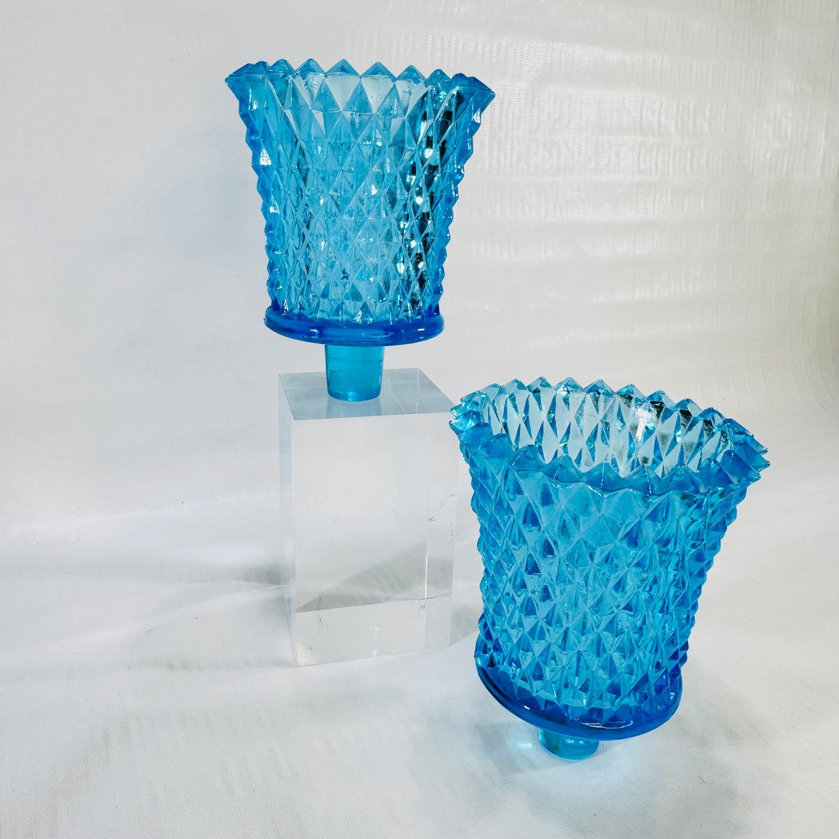 Aqua Blue Diamond Point Style Glass Peg Votive Candle Holders Set of 2 1960s to 1970s