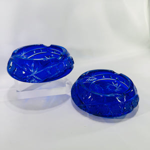 Vintage Cobalt Blue Cut to Clear Crystal Ashtrays Set of 2 Made in Poland 24% Lead Crystal Pinwheel Starburst
