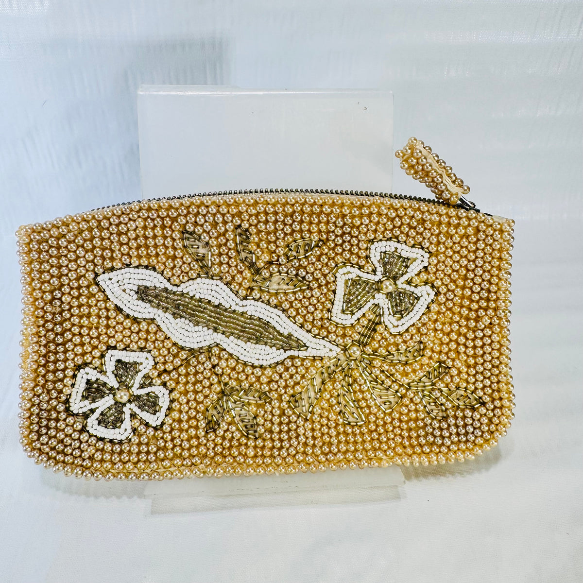 1950s Pearl Beaded Clutch Champagne Floral Evening Bag Bridal Purse