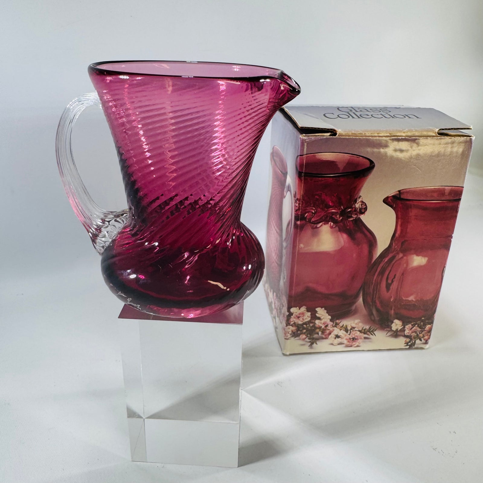 Pilgrim Cranberry Glass Mini Pitcher Atlanta Swirl Hand Blown Art Glass with Original Box