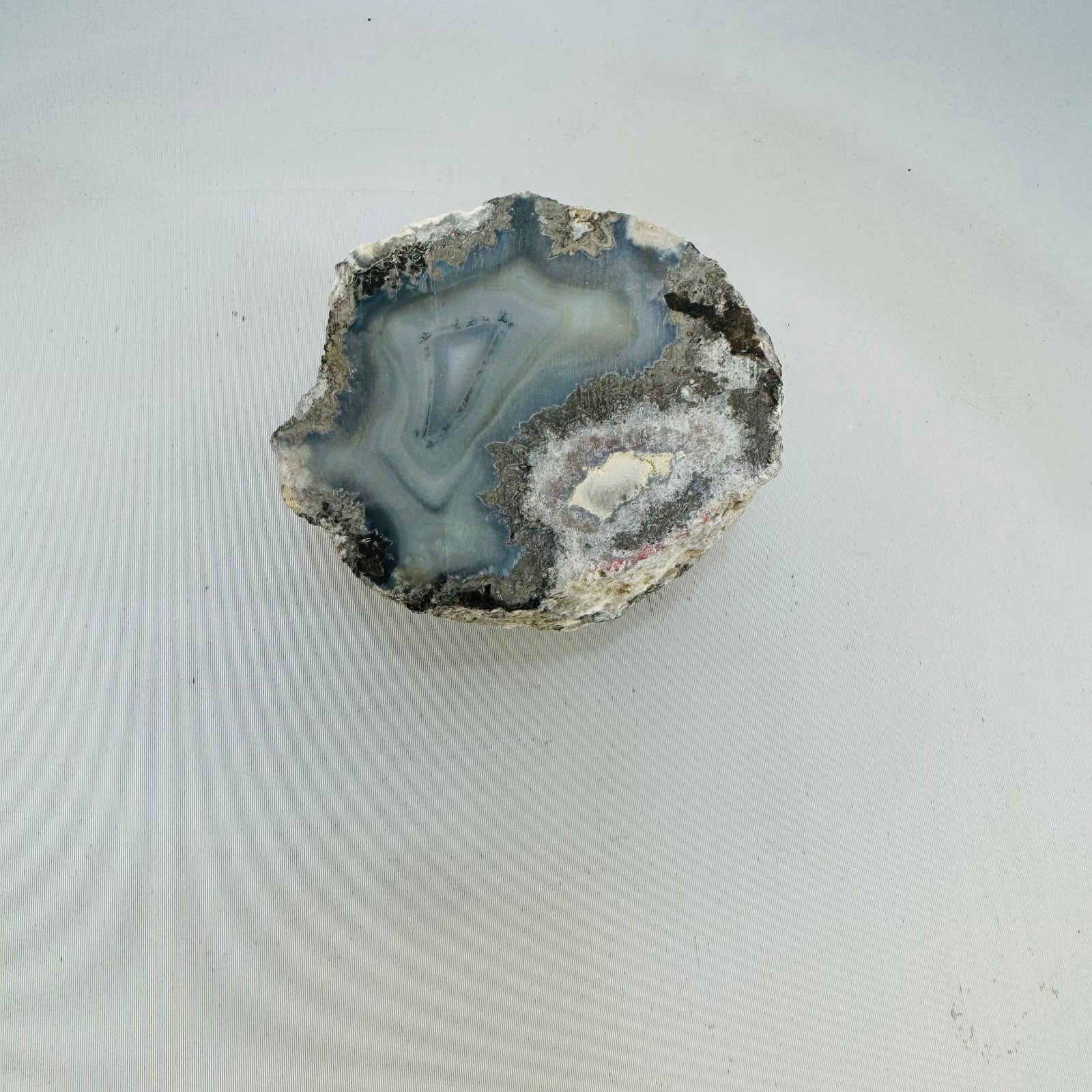 Polished Agate Nodule with Blue Gray Banding, Natural Rough Exterior, Cut Face Display Specimen