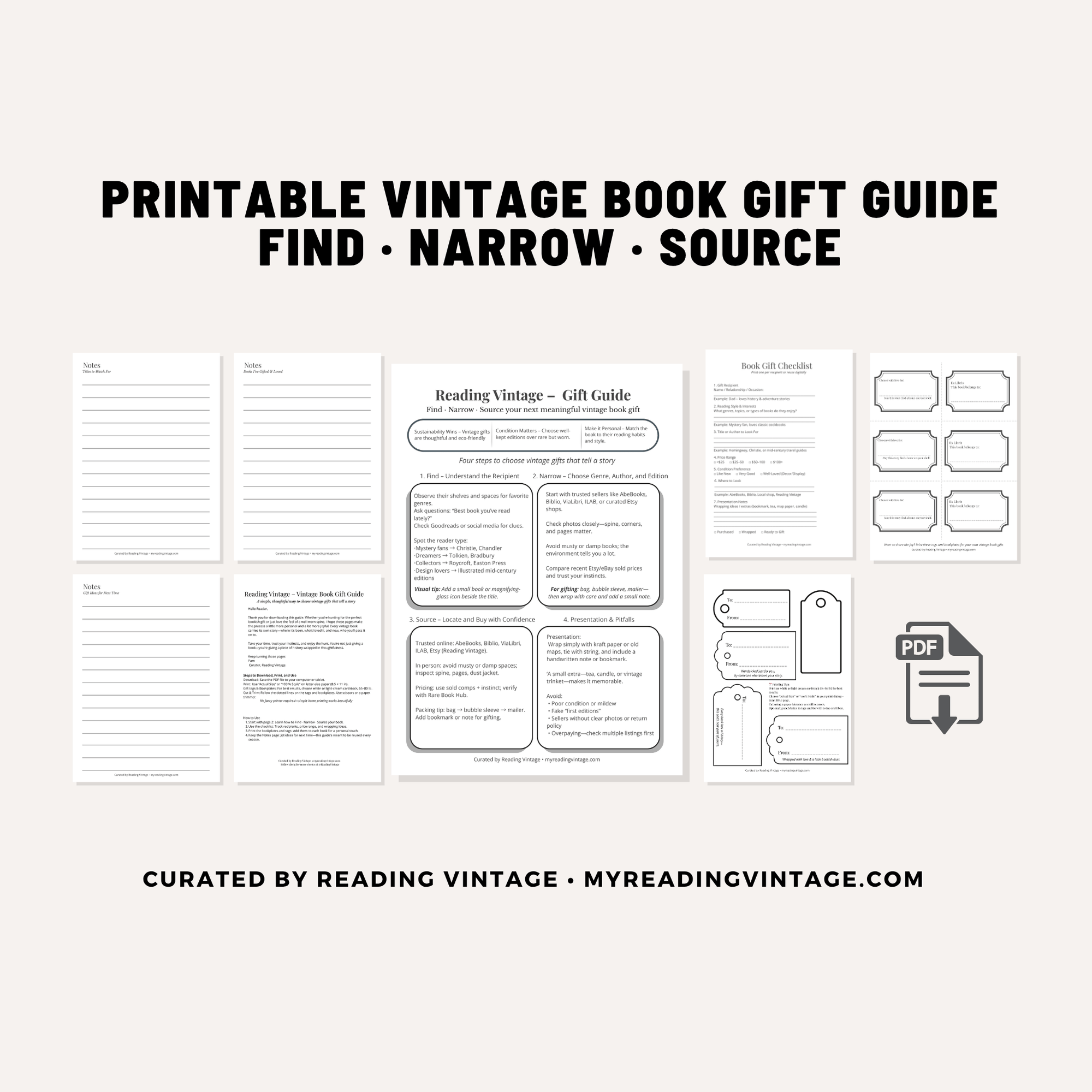 Vintage Book Gift Guide – Printable Tags, Bookplates & Checklist (Digital Download)