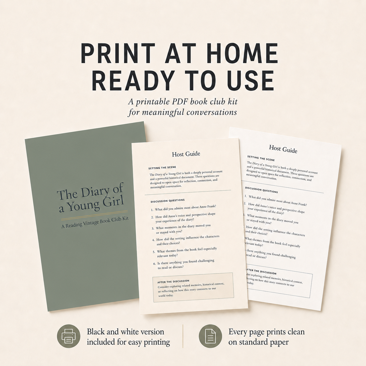 The Diary of a Young Girl Book Club Kit | 78-Page Printable PDF | Discussion Questions, Host Checklist, Games, and More | Color and Black and White Versions Included