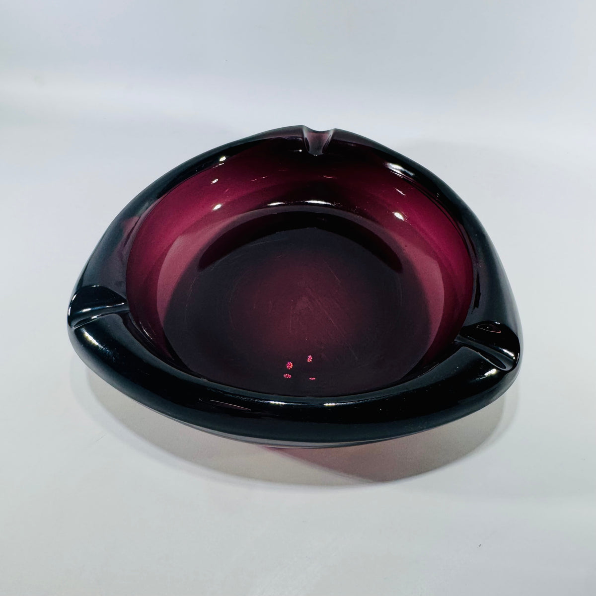 MCM Amethyst Glass Ashtray 8 Inch Heavy Art Glass Bowl Viking Style Purple Black 3 Rest Mid Century Modern